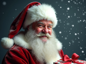 Santa Claus holds a present in this portrait.