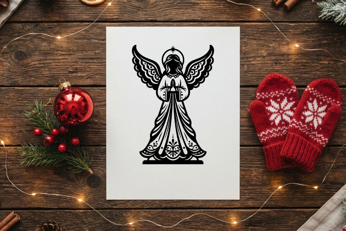 Silueta de ángel en blanco y negro con alas y halo para diseño navideño