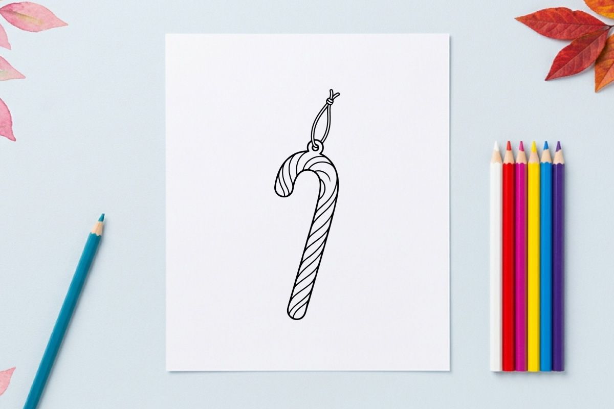 Candy cane Christmas ornament line art illustration on white background