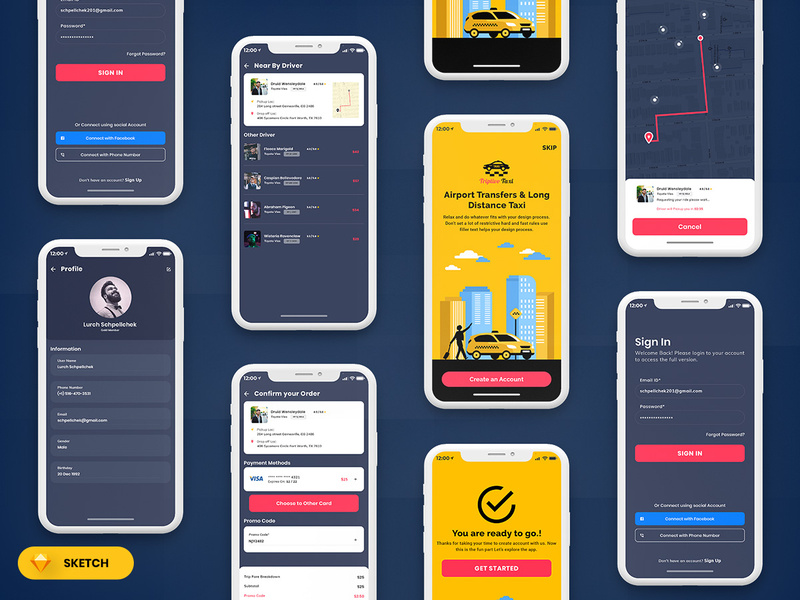 Taxi Booking Mobile App UI Kit Dark Version (SKETCH) by ~ EpicPxls