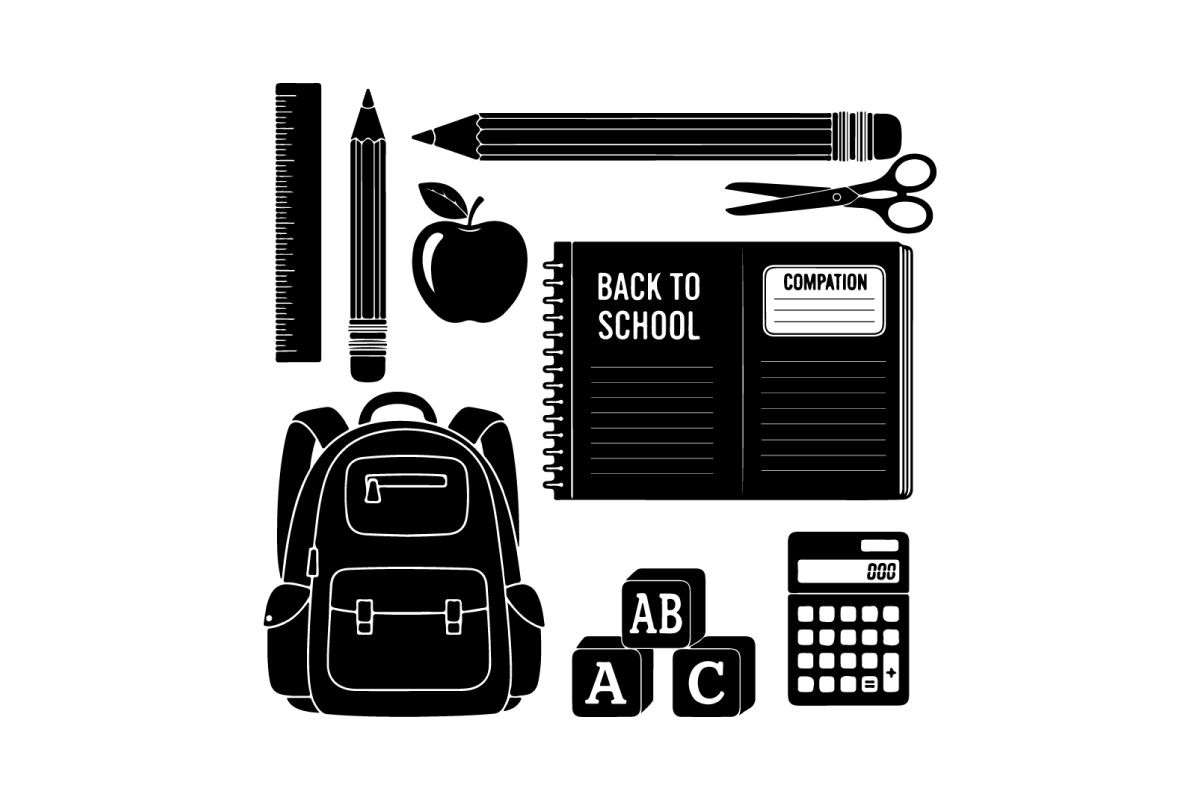 Silueta de regreso a clases con útiles y objetos educativos