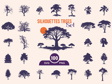 Silhouettes Trees Set, Pine Tree fir pruce cedar white patch alder elm birch ash cypress beech palm tree.