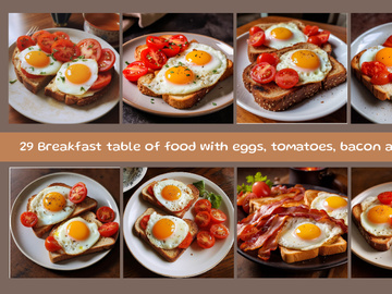 Breakfast table of food with eggs, tomatoes, bacon and bread
