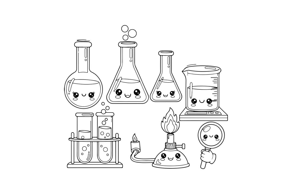 Cute lab equipment characters vector illustration flat design