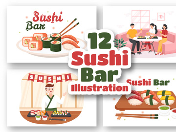 12 Sushi Bar Japan Asian Food Illustration