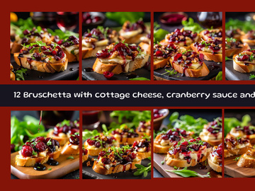 Bruschetta with cottage cheese, cranberry sauce and walnuts