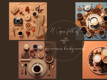 Cups full of coffee on various backgrounds