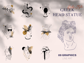 Set of statue face of greek with flowers. Ancient portrait of marble sculpture in creative linear style. Head of woman in trendy broken style. Vector collection illustration