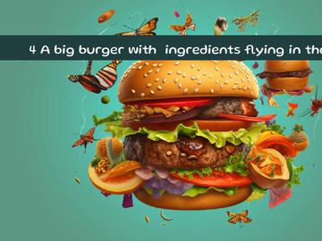 A big burger with ingredients flying in the sky