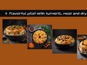 Flavorful pilaf with turmeric, meat and dry fruits