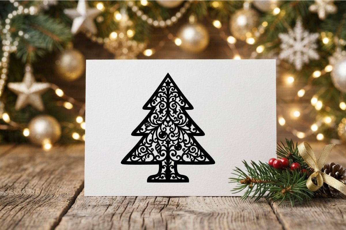 Siluet pohon Natal hitam dengan pola filigree dekoratif pada latar belakang putih