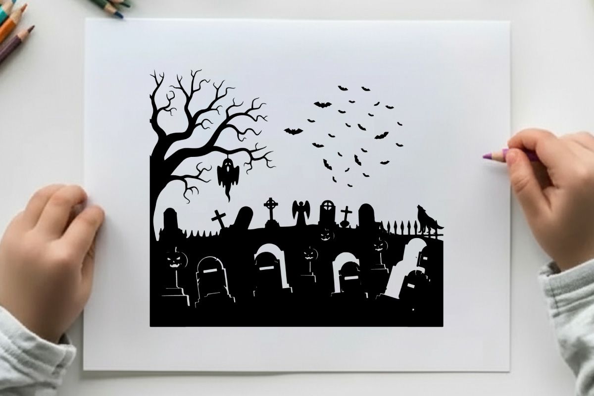 Spooky silhouette graveyard scene with bats and bare tree