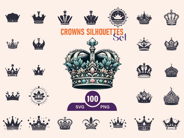 Royal Crown Silhouette, Retro King Crown Icons.