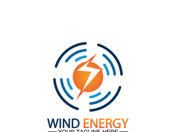 Wind energy logo. renewable energy icon with wind turbines and thunder bolt isolated on white background