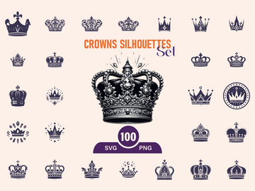 Royal Crown Silhouette, Retro King Crown Icons.