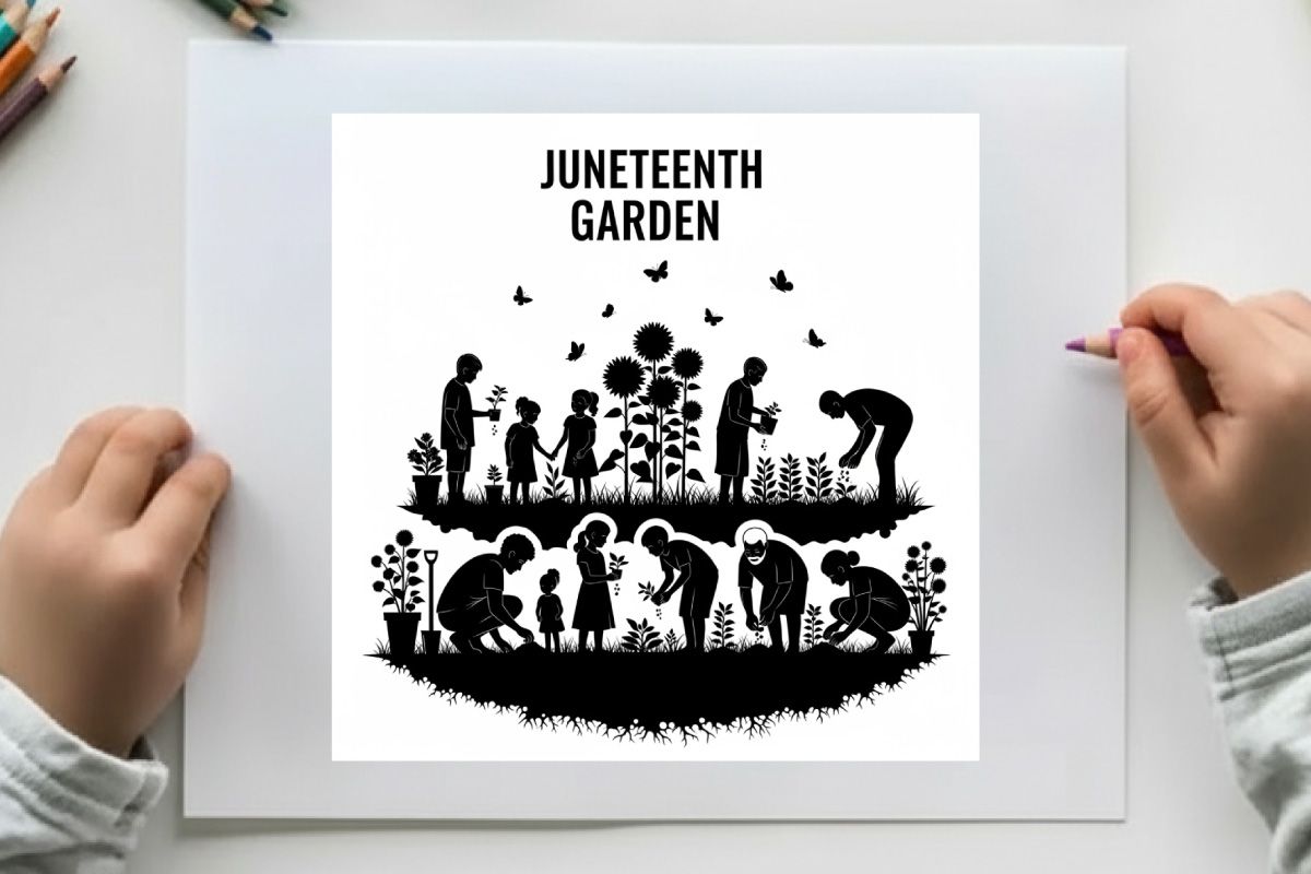 Juneteenth garden silhouette celebrating freedom and unity