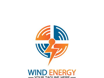Wind energy logo. renewable energy icon with wind turbines and thunder bolt isolated on white background