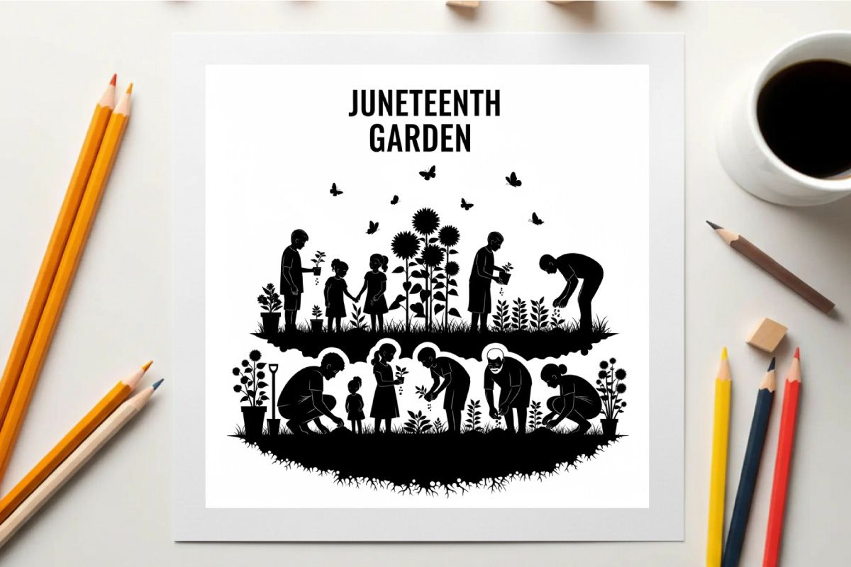 Juneteenth garden silhouette celebrating freedom and unity