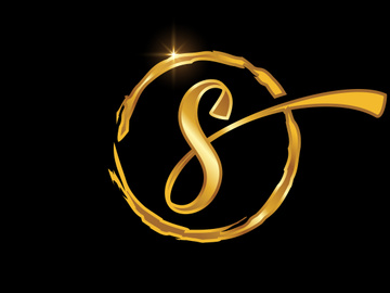 Golden color English hand-drawn alphabet in a brush circle on black background