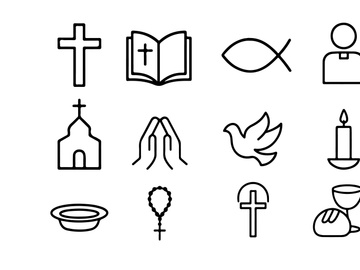 Minimal Christian Line Icons Set – Cross, Bible, Church, Dove, Prayer, Candle, Communion