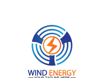 Wind energy logo. renewable energy icon with wind turbines and thunder bolt isolated on white background