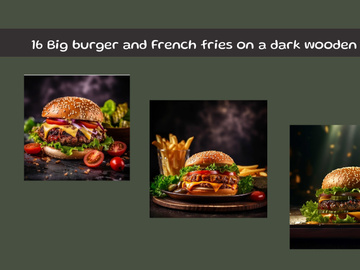 Big burger and french fries on a dark wooden board