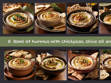 Bowl of hummus with chickpeas, olive oil and pita