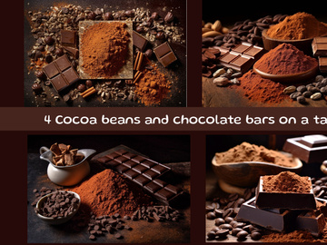 Cocoa beans and chocolate bars on a table