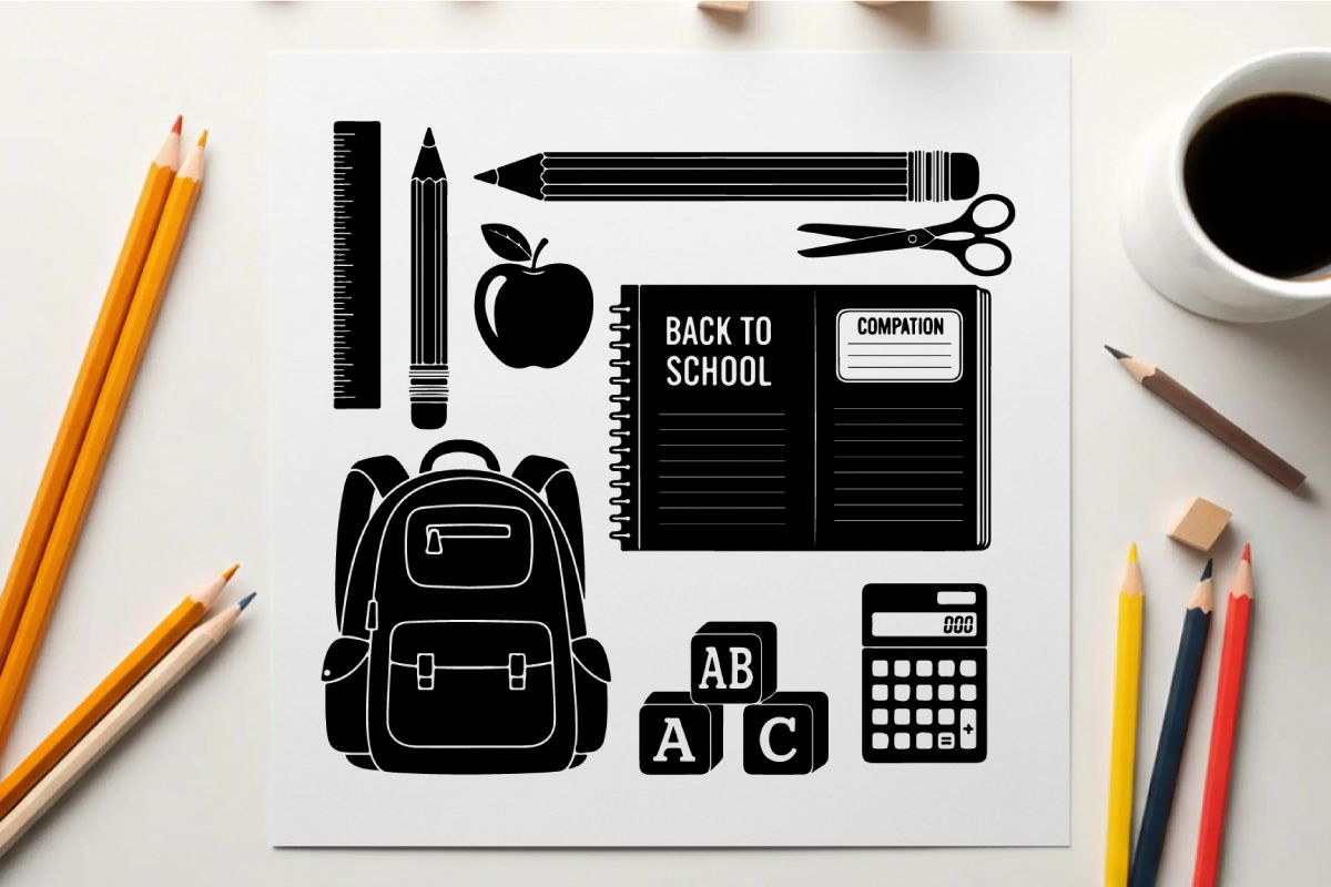 Silueta de regreso a clases con útiles y objetos educativos