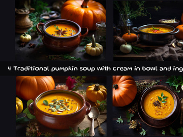Traditional pumpkin soup with cream in bowl and ingredients