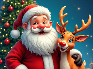 A jolly Santa embraces Rudolph in front of a Christmas tree