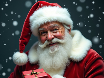 A jovial Santa holds a small red gift against a snowy, dark background.