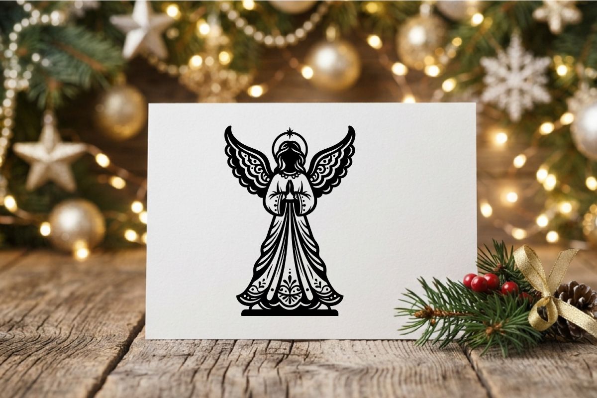 Silueta de ángel en blanco y negro con alas y halo para diseño navideño