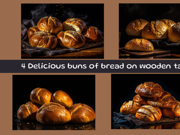 Delicious buns of bread on wooden table