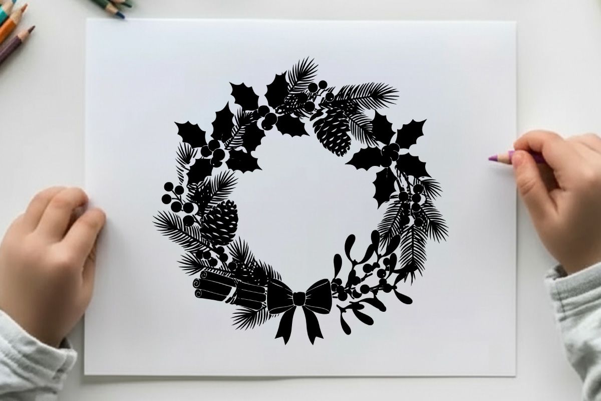 Weihnachtskranz-Silhouette mit Tannenzapfen und Bändern