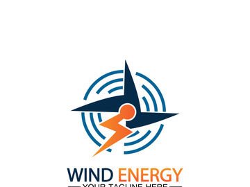 Wind energy logo. renewable energy icon with wind turbines and thunder bolt isolated on white background