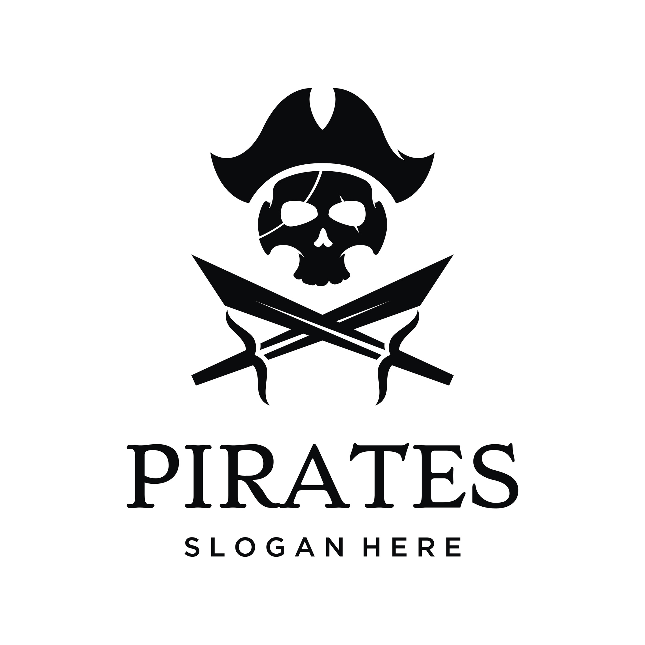 Pirate silhouette logo design with crossed swords, skull and bones.Vector illustration.