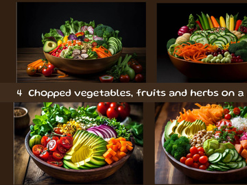 Chopped vegetables, fruits and herbs on a plate