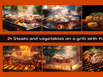 Steaks and vegetables on a grill with flames