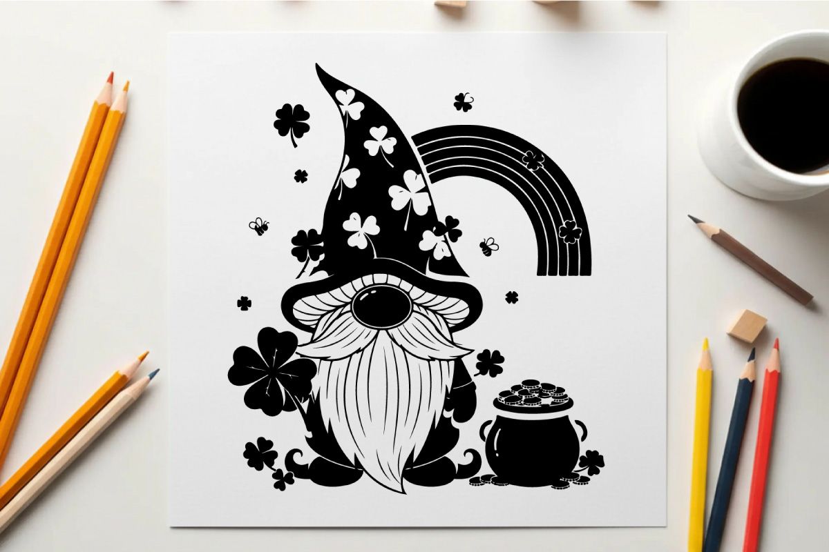 St patrick's day gnome silhouette with rainbow and shamrocks