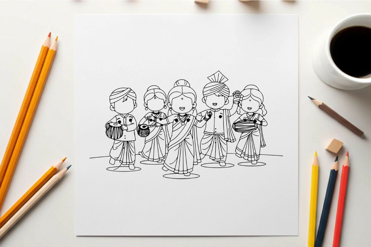 Ilustrasi vektor anak-anak India mengenakan pakaian tradisional desain datar