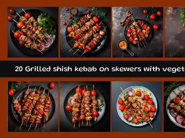 Grilled shish kebab on skewers with vegetables