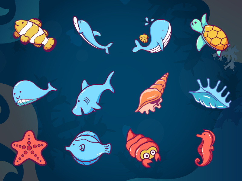 Underwater fish and animals vector illustration cartoon.