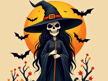 Halloween witch illustration of a skull-faced character