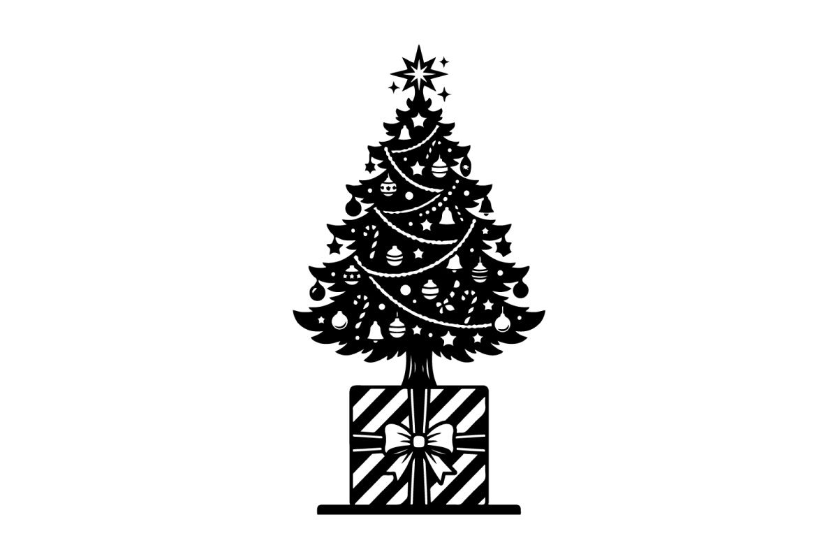 Schwarz-weißes Weihnachtsbaum-Icon mit Geschenkbox-Silhouette für Weihnachtsdesign-Projekte
