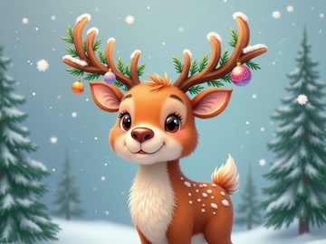 A cartoon reindeer stands in a snowy scene.