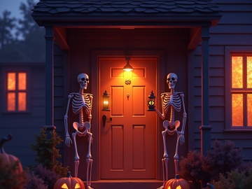 Halloween house is decorated with skeletons, pumpkins, and lights.