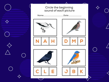 Circle the beginning sound of each bird. Educational game for kids
