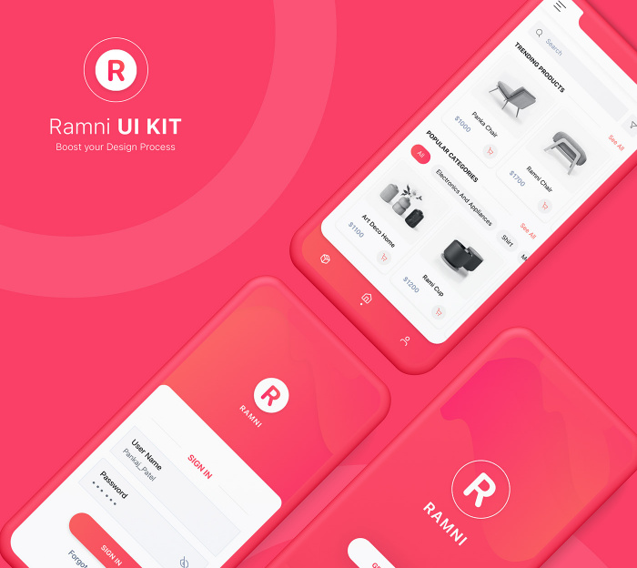 Ramni免费移动应用程序UI UX工具包(Ramni Free Mobile App UI UX Kit)插图