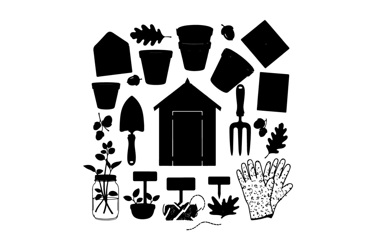 Ferramentas de jardinagem e plantas em estilo ilustração silhueta